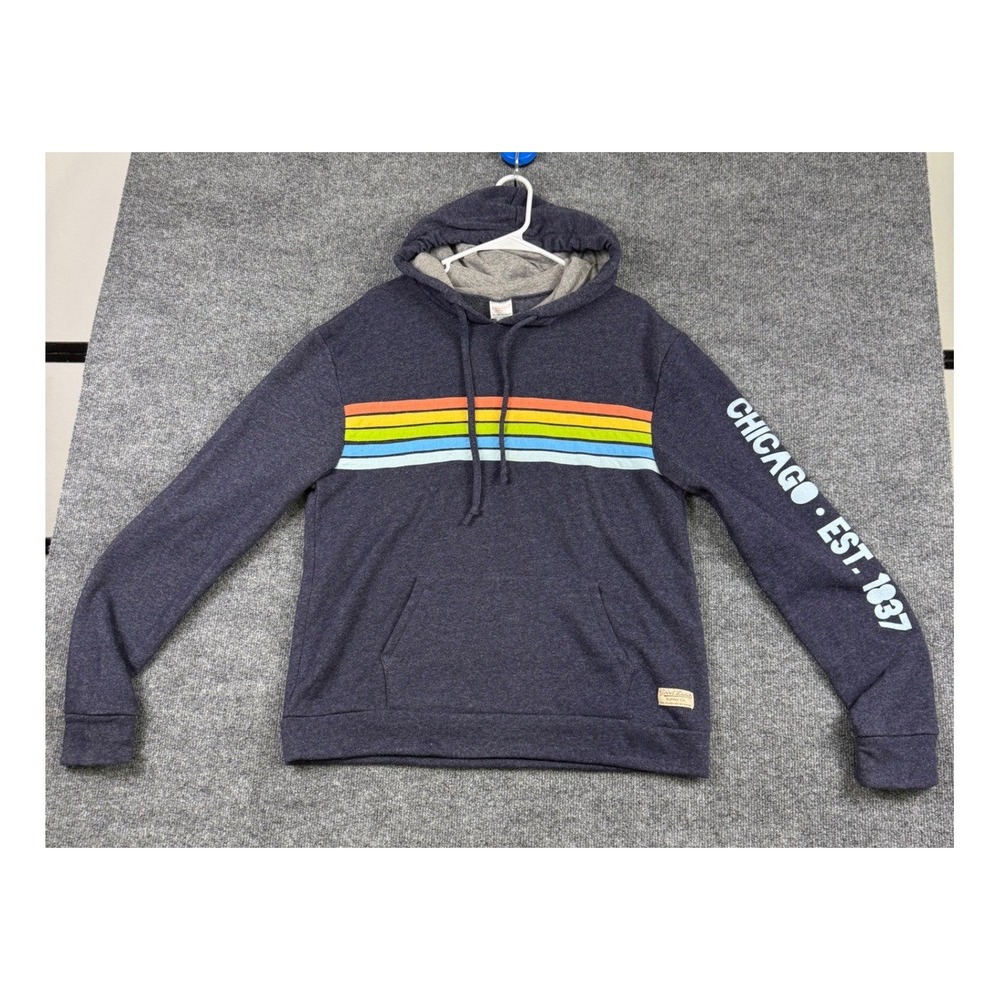 Good Land Supply Co Chicago Est 1837 Happy Stripe Hoodie Mens Large Navy Blue